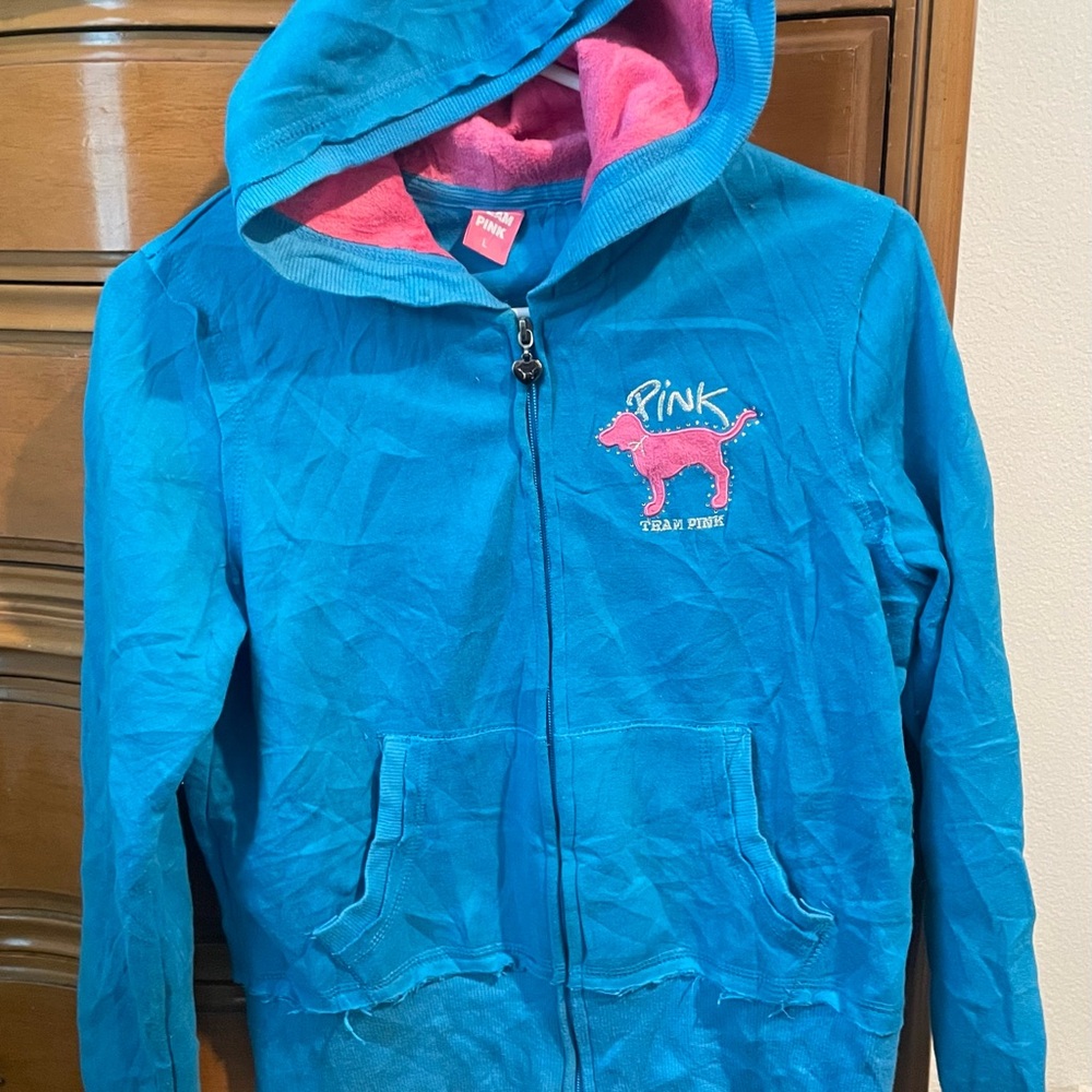 VS PINK. Very Vintage Very HTF Bling Aqua & Pink hoodie sz L
